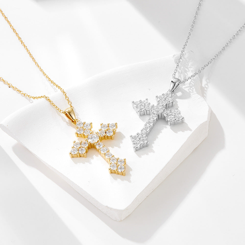 Cross Pendant Sterling Silver Necklace Personality Hip Hop Retro Hipster Full Zircon