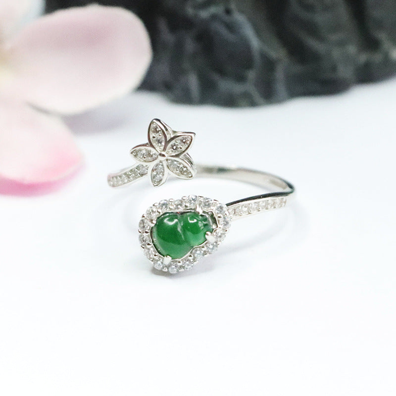 Sterling Silver Adjustable Ice Green Jadeite Gourd Ring with Zircon Flower