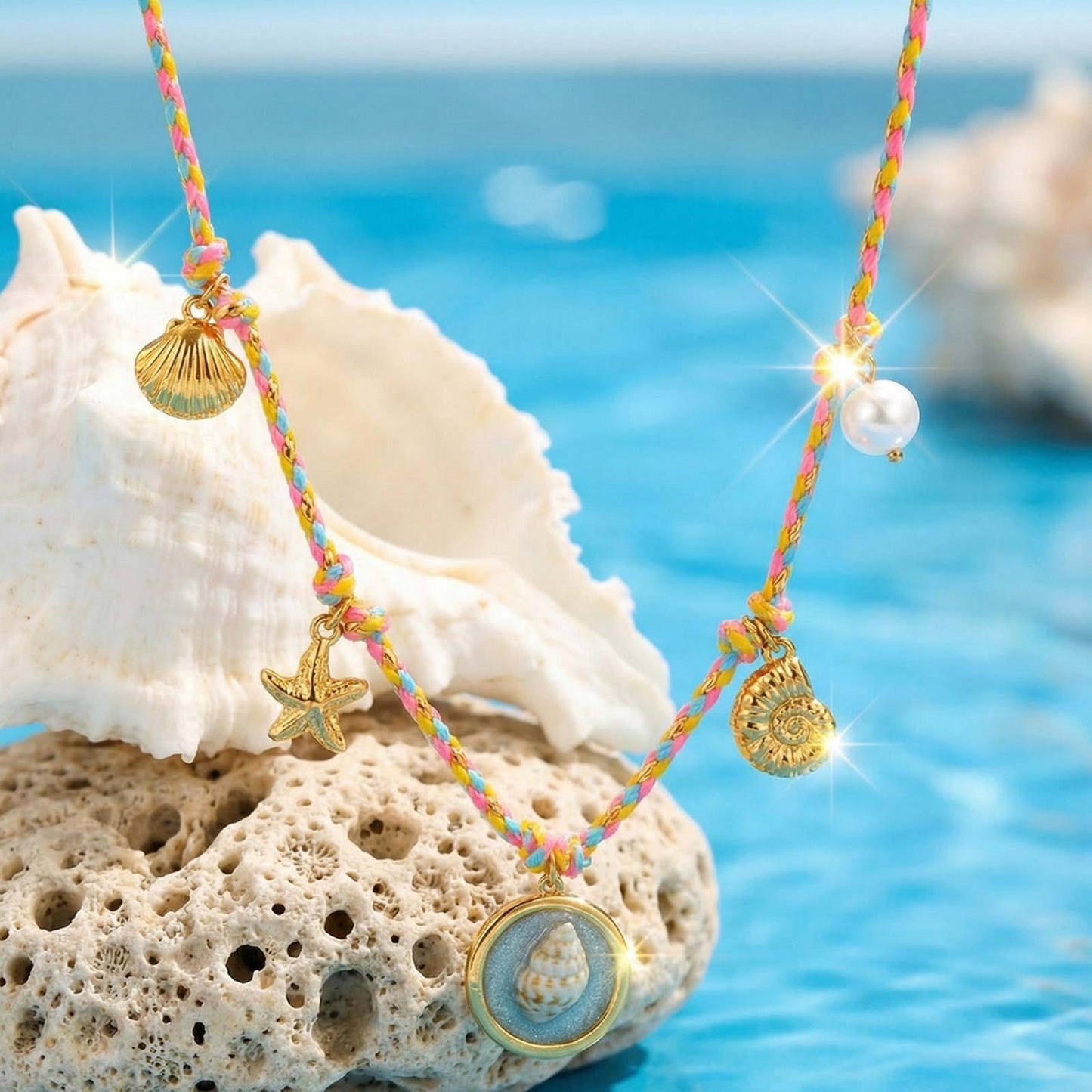 Colorful & Fun Color Braided Rope Stainless Steel Resin Ocean Shell Conch Necklace