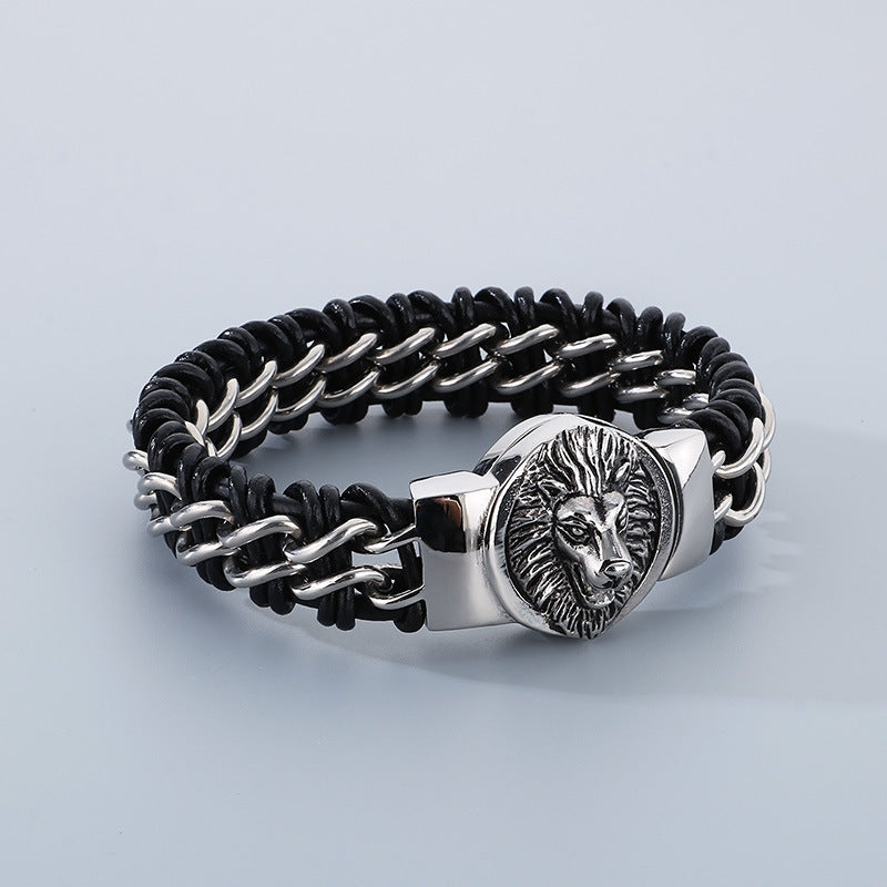 Wolf Head Bracelet – Punk Animal Lion Head Magnet Buckle Titanium Steel Woven Leather