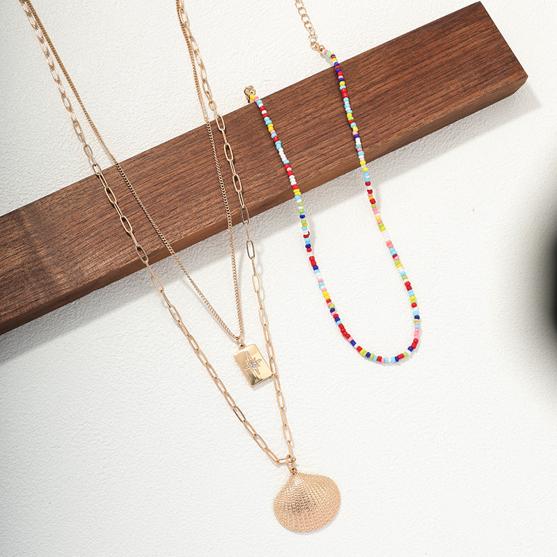 Vibrant Rainbow Beaded Collar Necklace Set with Venus Pendant