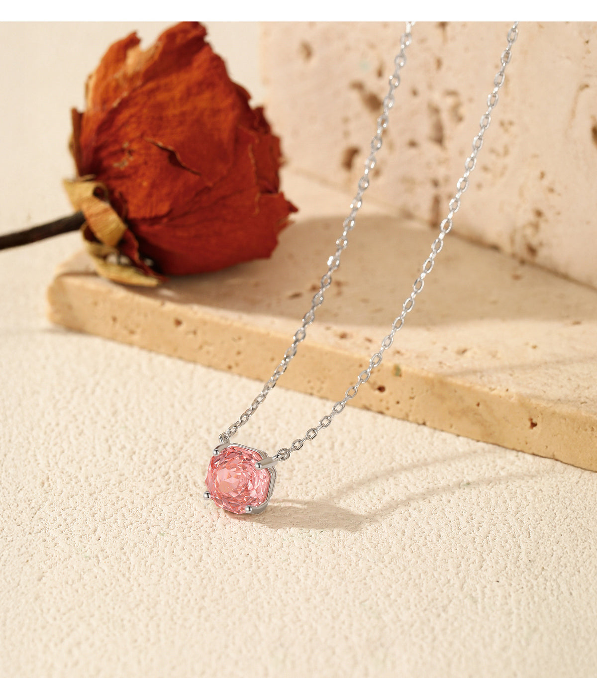 925 Sterling Silver Octagonal Padparadscha-Color Zircon Necklace