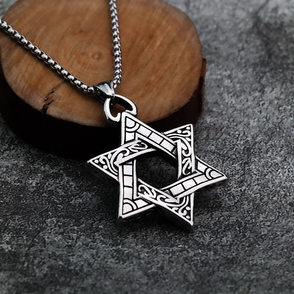 Hexagram Pendant for Men Double Sided Titanium Steel Necklace by Planderful Shop Edgy Retro Punk