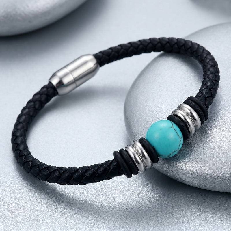 Woven Leather Rope Bracelet Tiger's Eye Stone Lapis Lazuli Magnetic Buckle Stainless