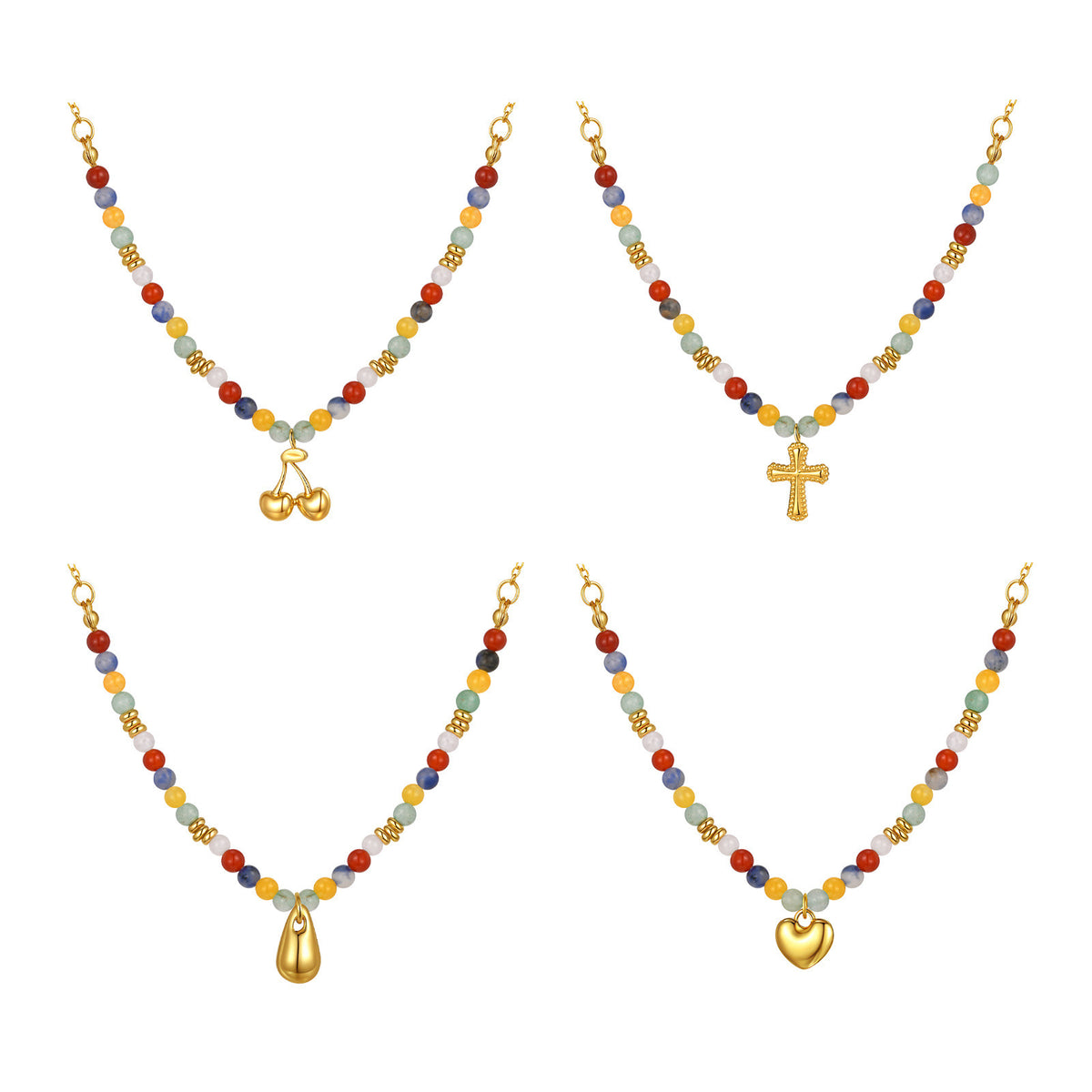 Stainless Steel Colored Natural Stone Bead Cross Cherry Teardrop Heart-Shaped Necklace
