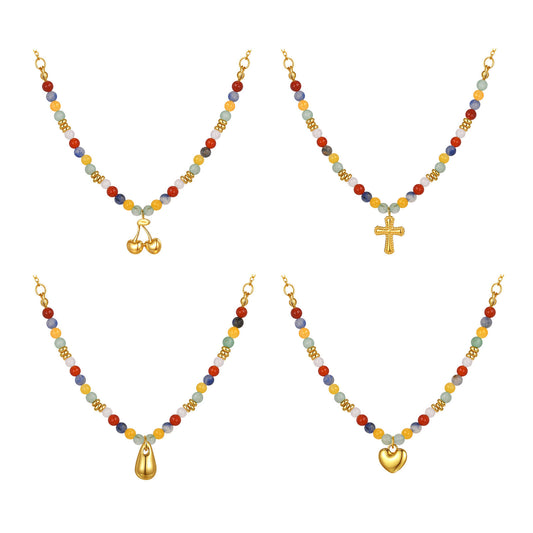 Stainless Steel Colored Natural Stone Bead Cross Cherry Teardrop Heart-Shaped Necklace