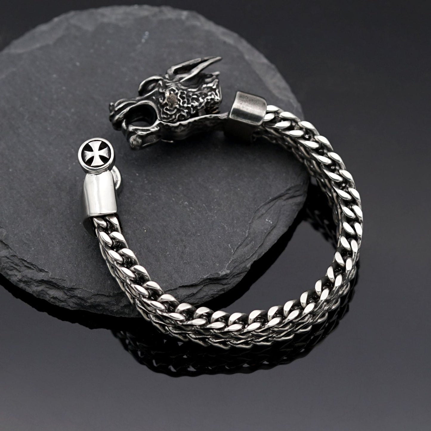Planderful Nordic Viking Stainless Steel Mens Bracelet Double Layer Wolf Head Punk Style Unisex Accessory