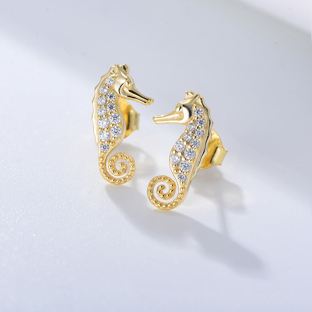 S925 Sterling Silver Micro-Inlaid Zircon Seahorse Animal Stud Earrings Cute Earrings Ear