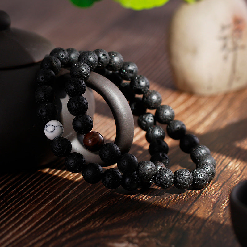 Men's Vintage Beaded Bracelet with Volcanic Stone, Tiger's Eye, and Turquoise Elastic Design