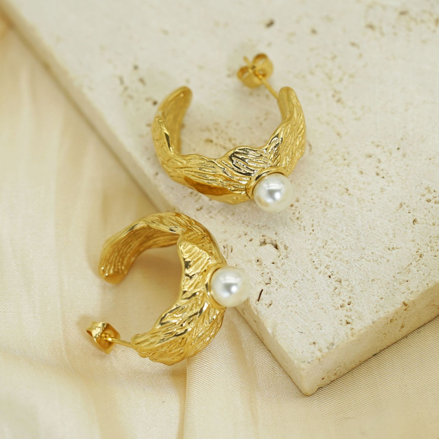 Gold Plated Stainless Steel Earrings Irregular Textured French Style Statement Jewelry By Planderful For Modern Women