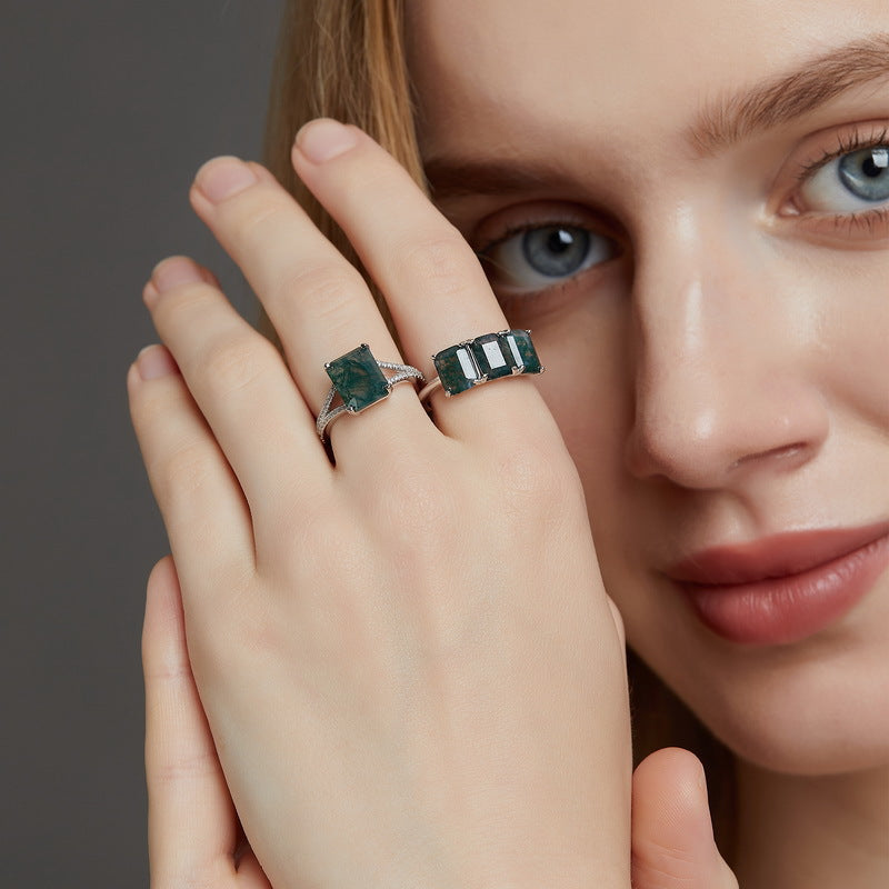 S925 Sterling Silver Moss Agate Single-Row Ring