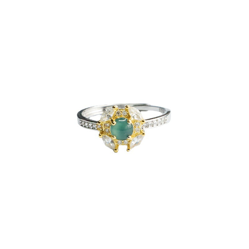 Jade and Zircon Sterling Silver Flower Ring with Ice Blue Green Jade