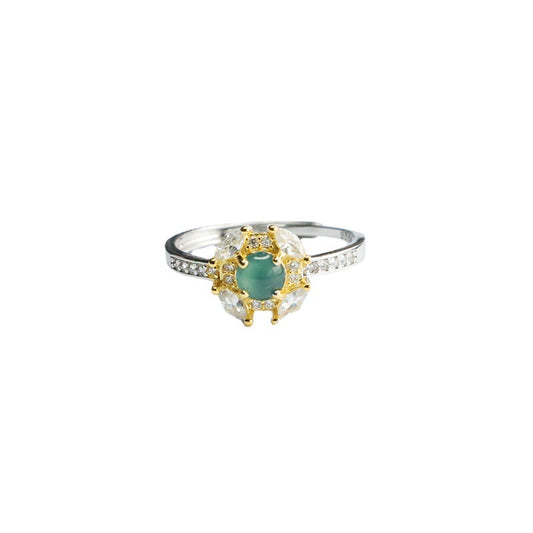Jade and Zircon Sterling Silver Flower Ring with Ice Blue Green Jade