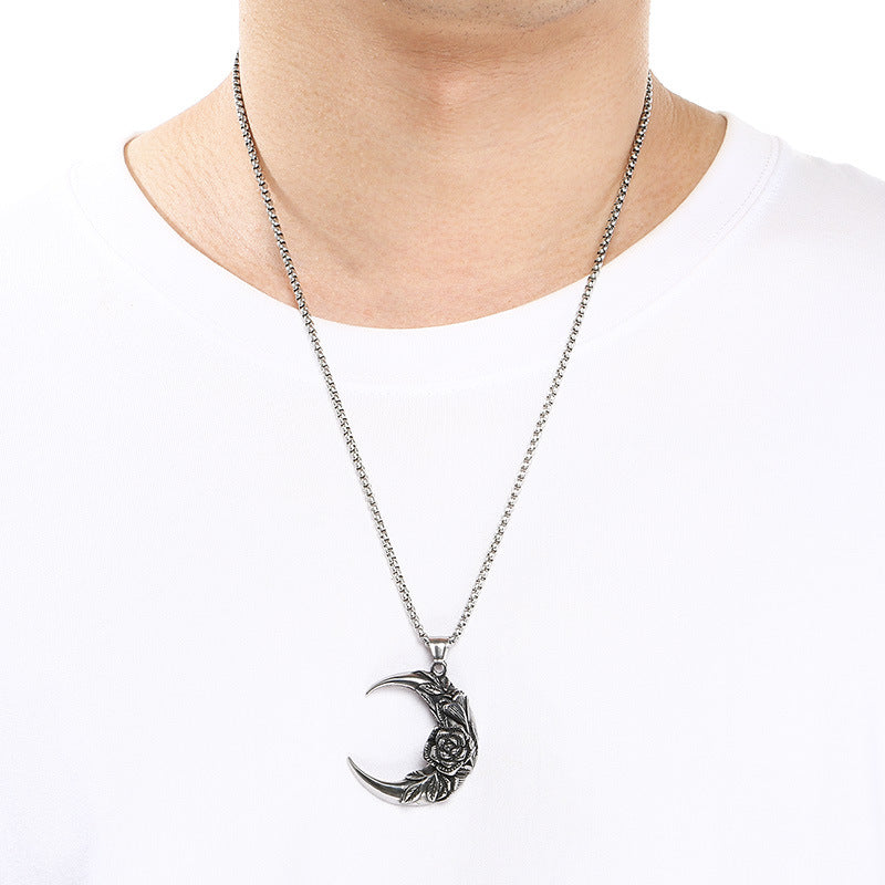 Gothic Style Dark Crescent Rose Pendant, Punk Vintage Skull Moon Titanium Steel Men's Necklace