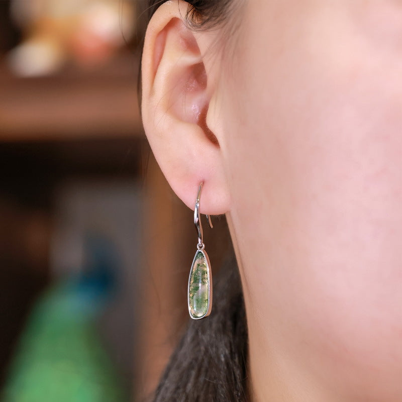 S925 Sterling Silver Moss Agate Minimalist Drop Earrings