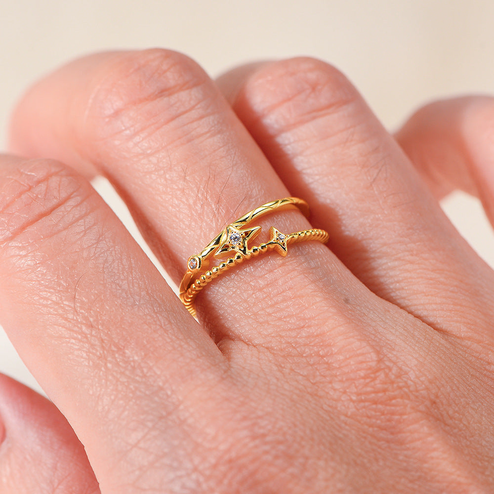 Double-Layer Hollow Star Zircon Sterling Silver Ring Cold Wind Ring Jewelry