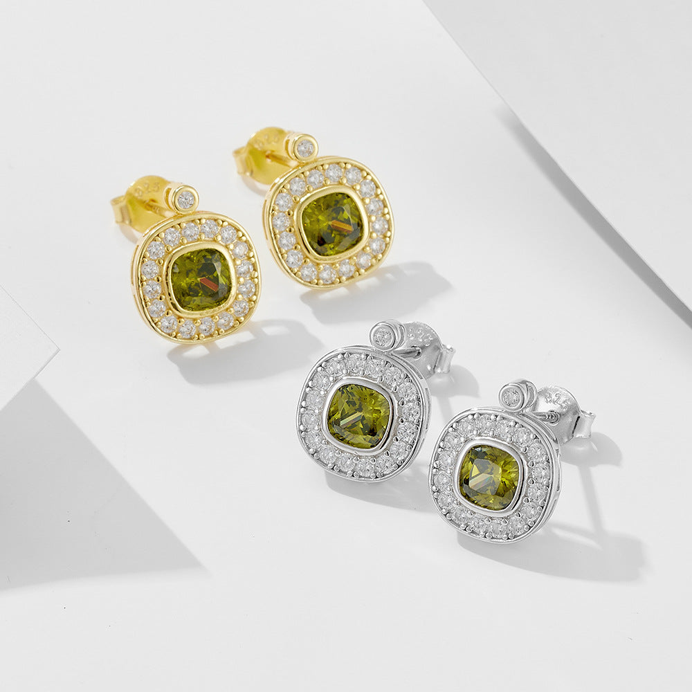 S925 Sterling Silver Retro Court Olive Green Zircon Stud Earrings Geometric Oval Inlaid
