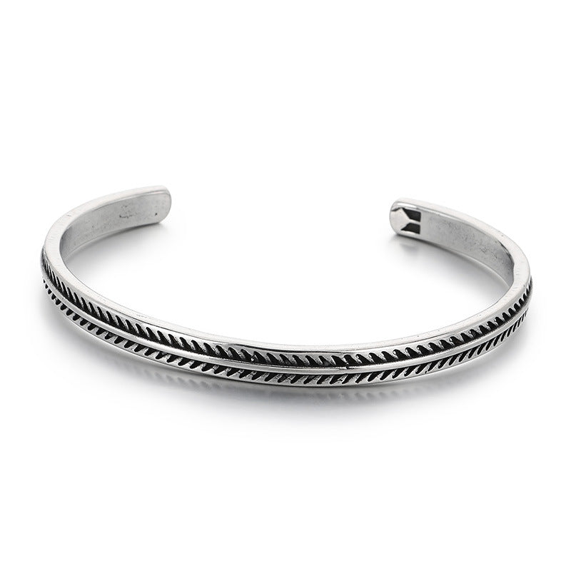Antique Arrow Open Bracelet – Leaf Pattern Mesh Titanium Steel Men's Bracelet