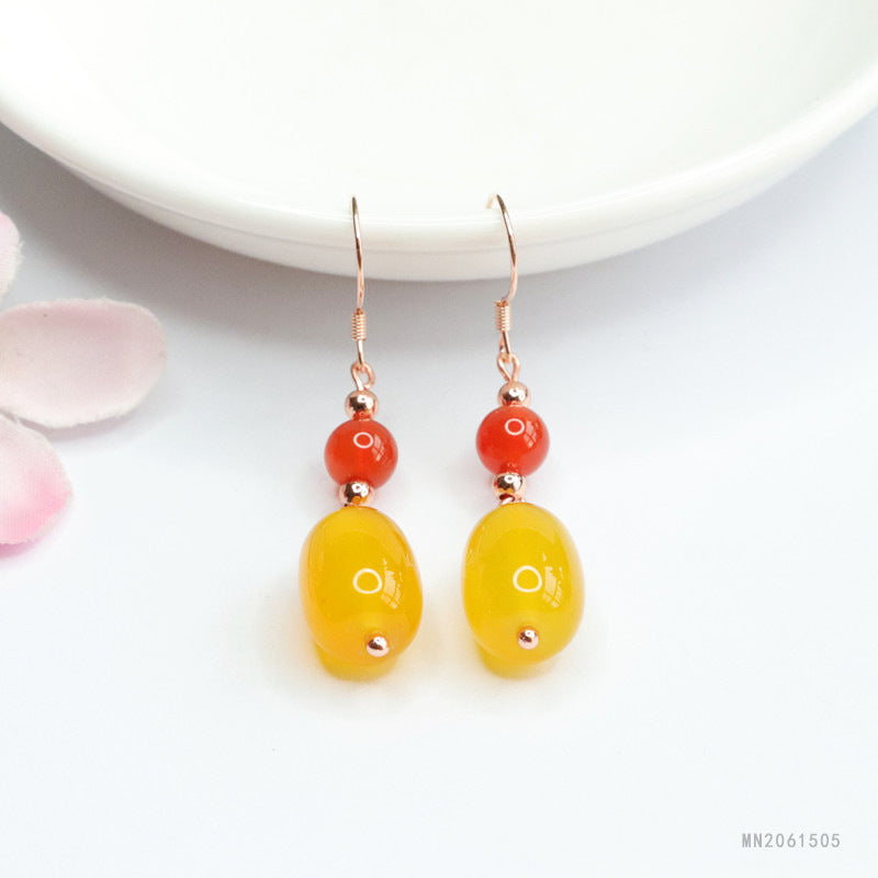 Yellow Chalcedony Barrel Bead 925 Silver Hook Earrings