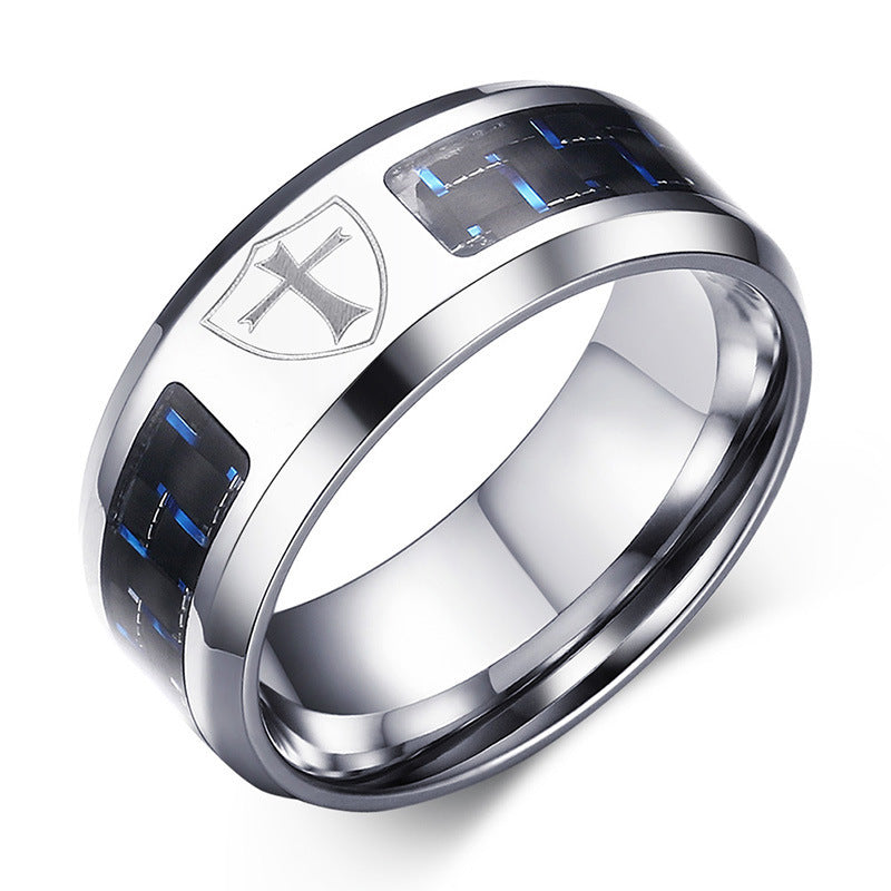 Face Width 8MM Stainless Steel Men's Ring Blue Black Carbon Fiber