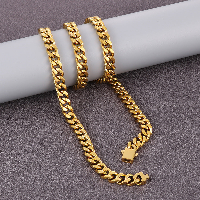 Stainless Steel Cuban Chain Bracelet, Rock Street Men's Vacuum Plated Four-Sided Grinding Square Necklace