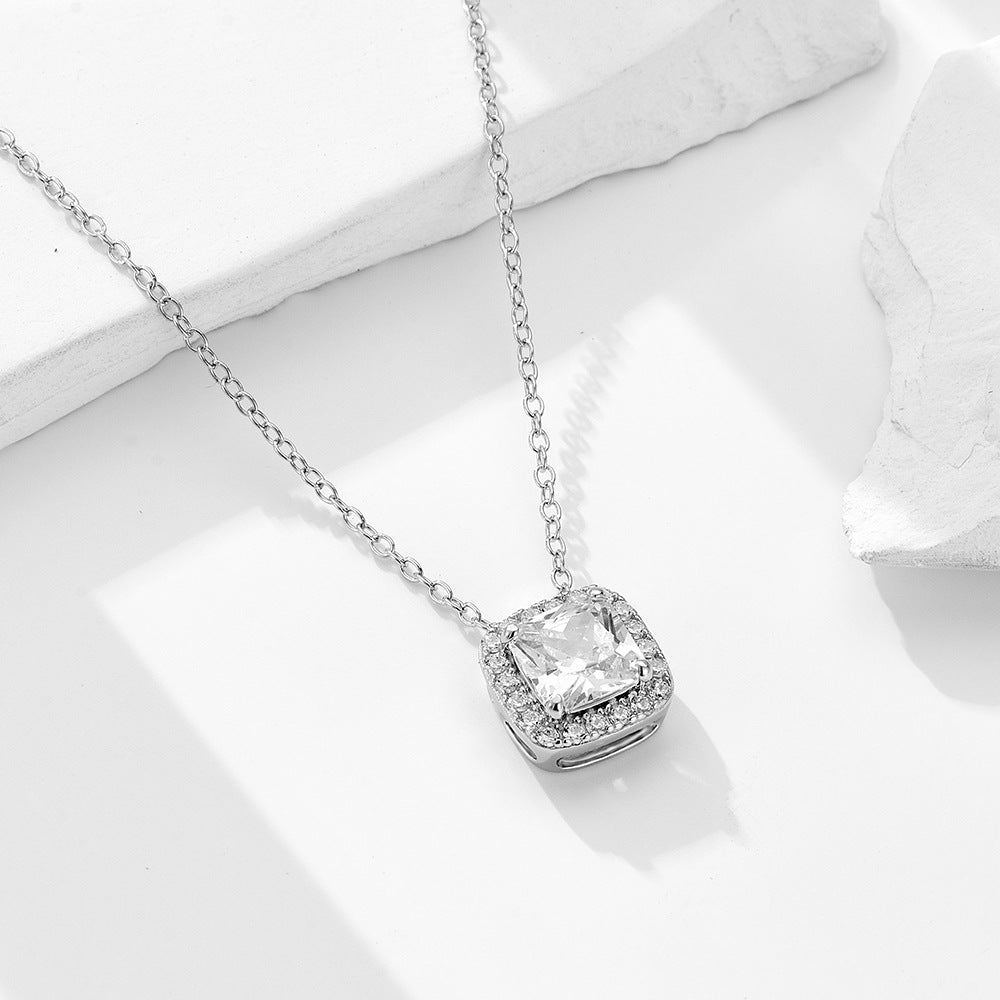 S925 Sterling Silver Geometric Square Zircon Pendant Necklace