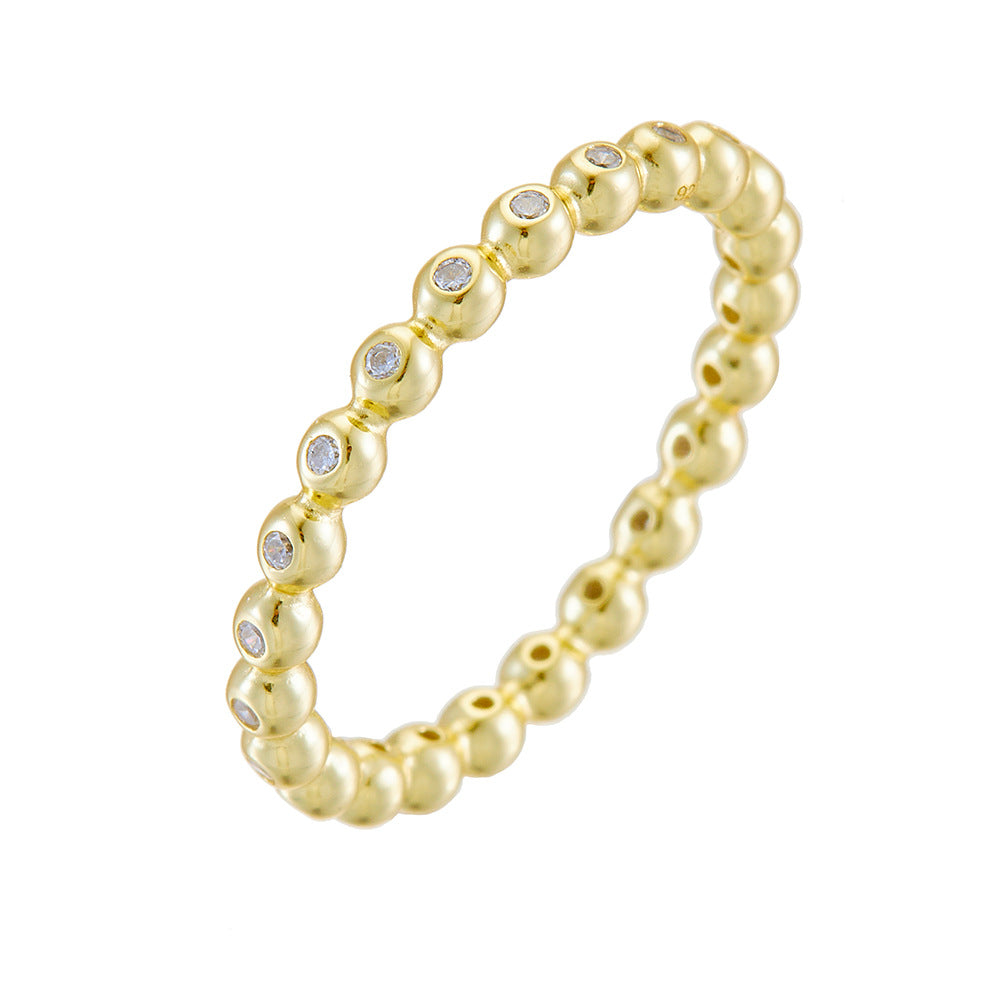 Small Round Bead Inlaid Zircon Sterling Silver Ring