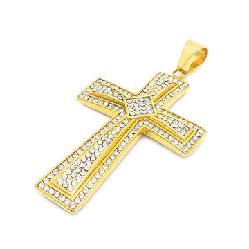 Zircon-Studded Double Cross Pendant Necklace for Men - Hip-Hop Light Luxury Style in Titanium Steel