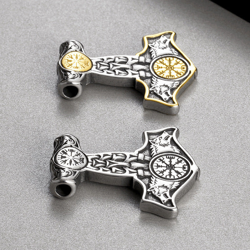 Viking-Inspired Stainless Steel Double Wolf Pendant with Thor's Hammer Compass Rune for Men