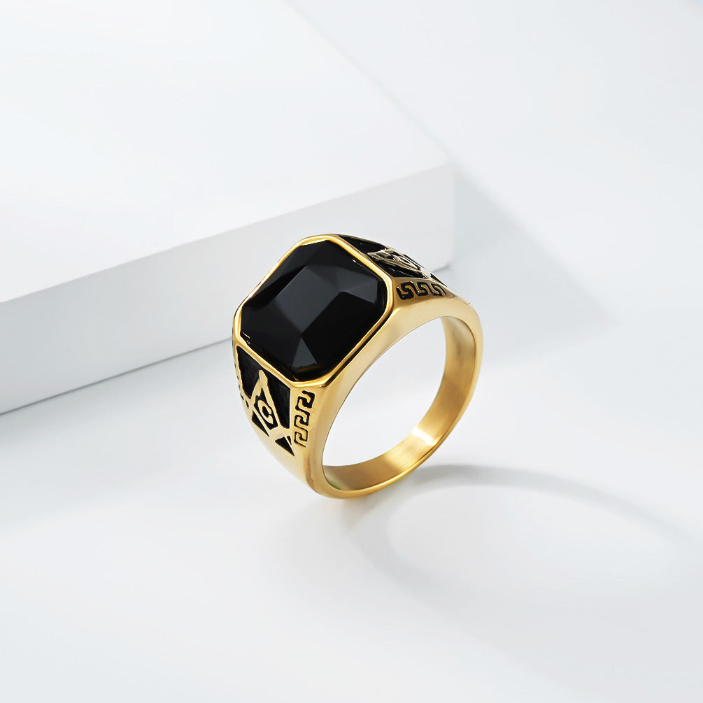 Planderful Freemason Black Stone Ring For Men Unisex Retro Fraternity Symbol Everyday Genie