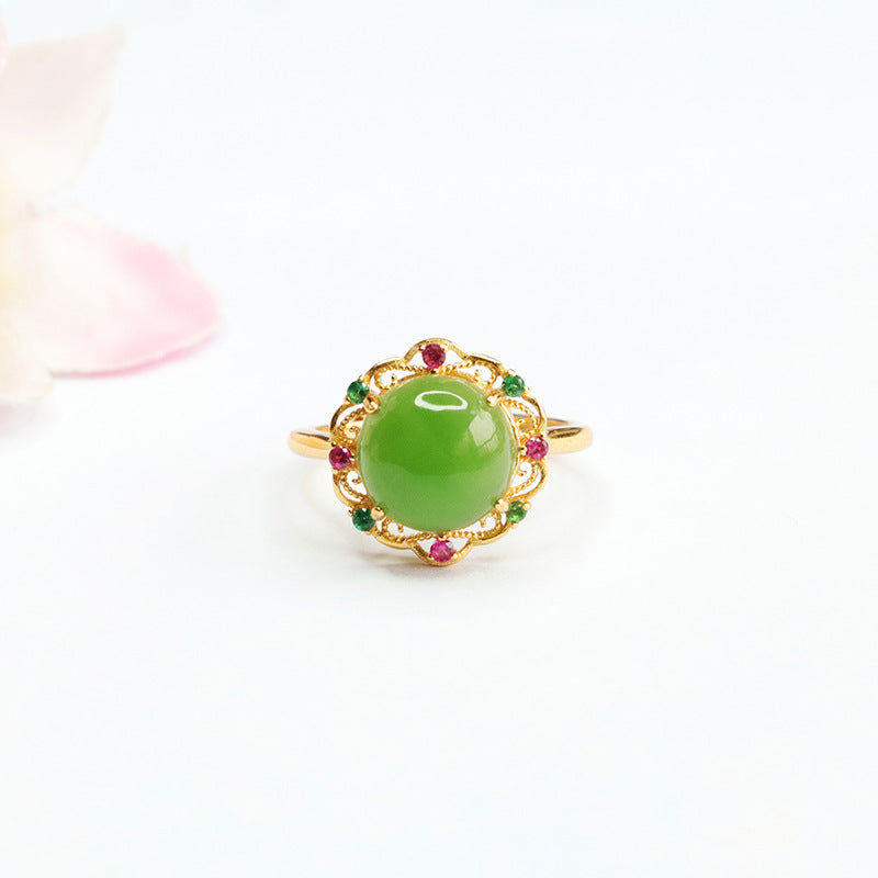 Sterling Silver Adjustable Green Jasper Hollow Flower Ring with Natural Hetian Jade and Zircon