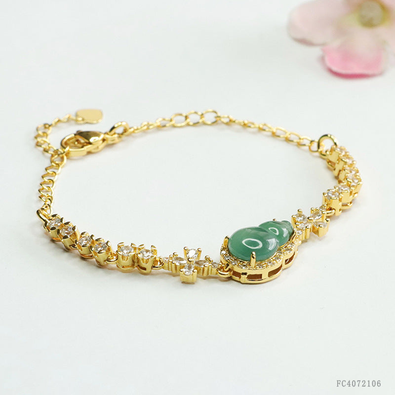 Blue Water Jadeite Four-Petal Flower & Gourd Bracelet