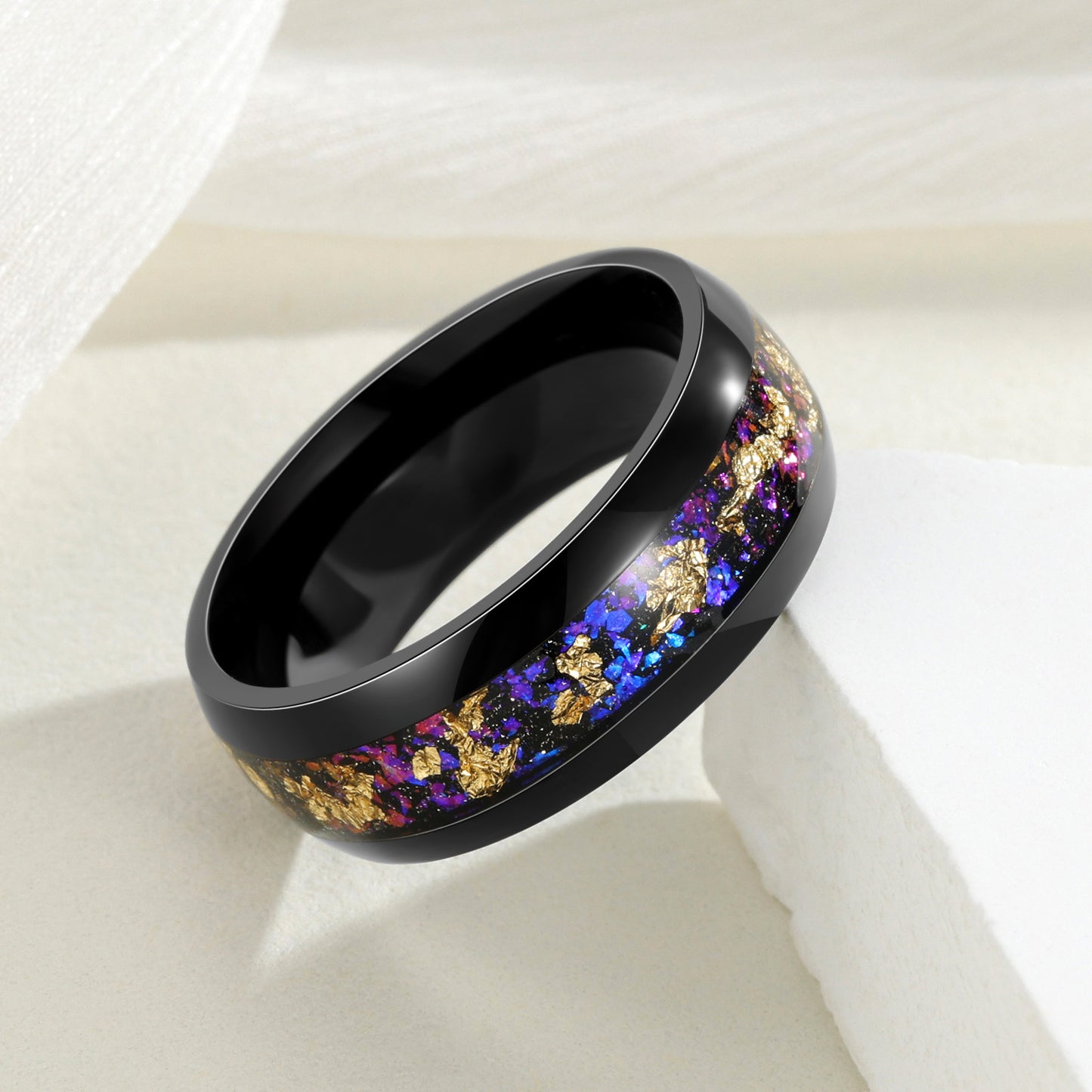 Planderful Mens Amethyst Inlaid Black Titanium Steel Ring
