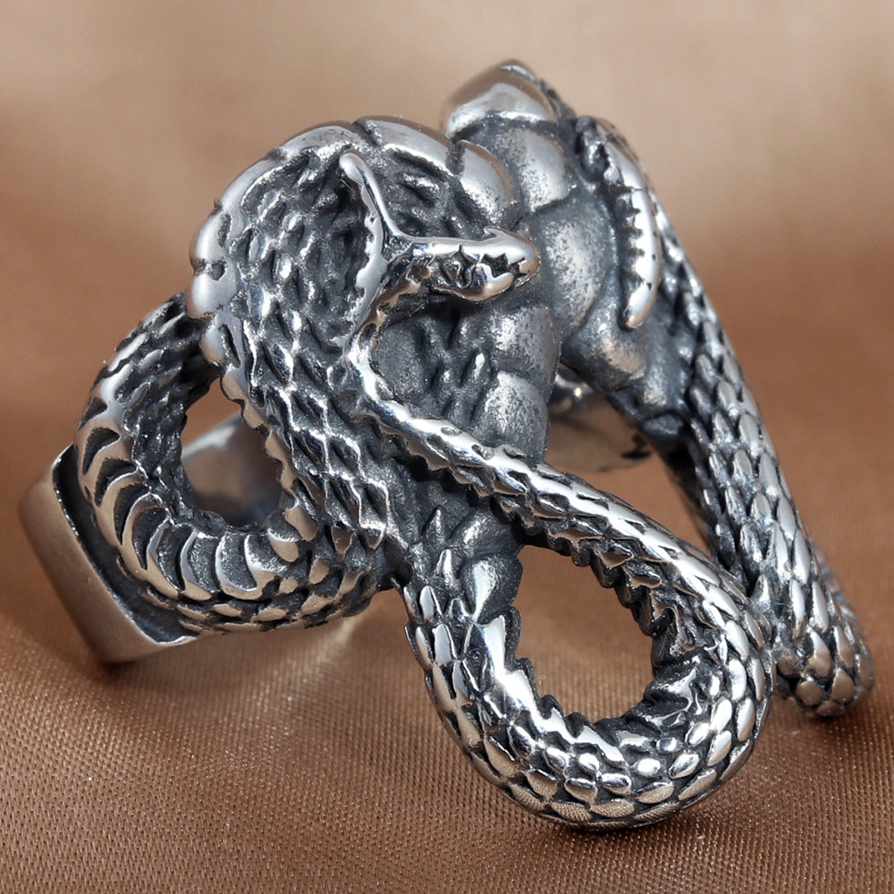 Retro Double Snake Titanium Steel Ring for Men - Trendy Stainless Steel Rattlesnake Accessory