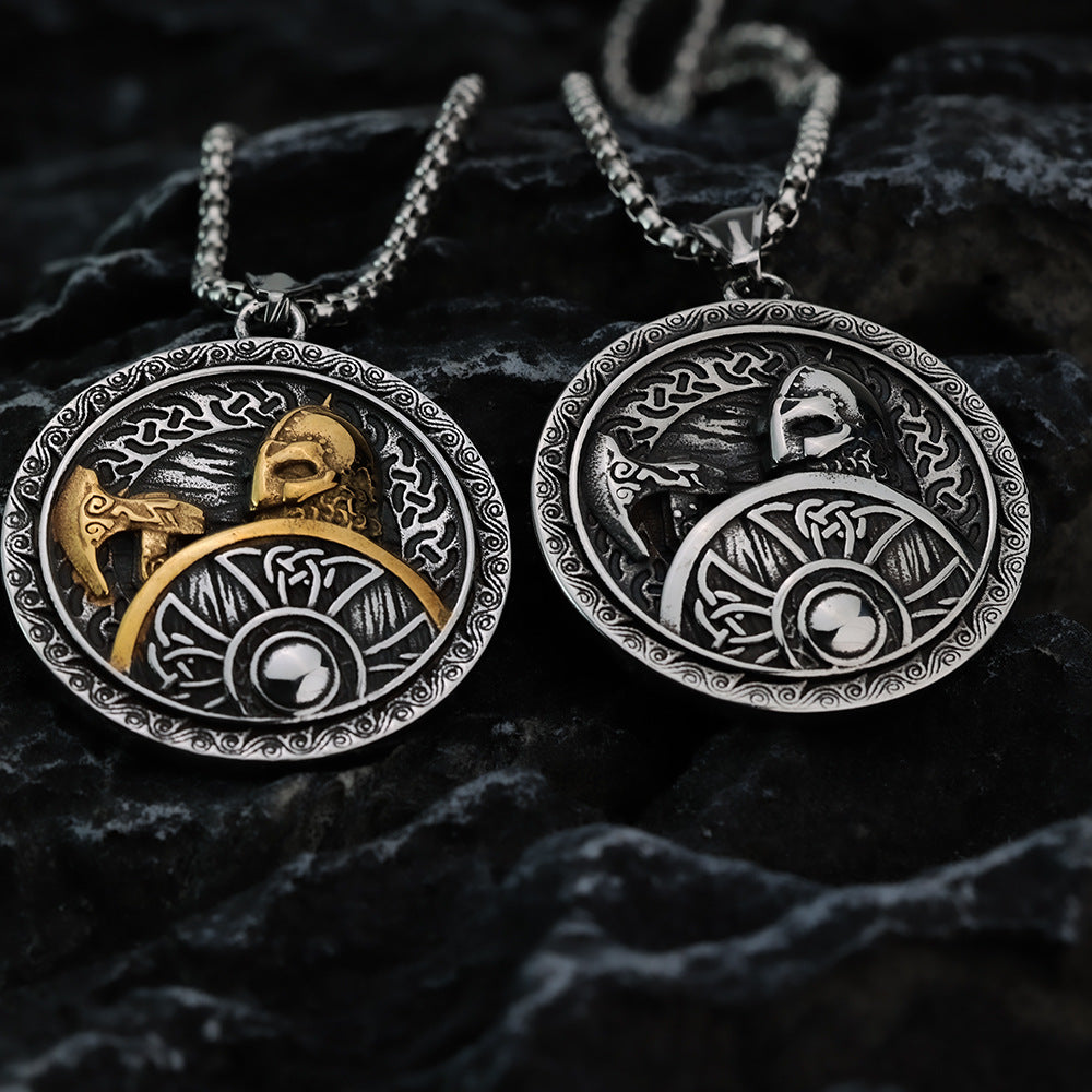 Viking Pendant Necklace With Axe Shield Norse God Of War Round Retro Coin Style For Men Planderful