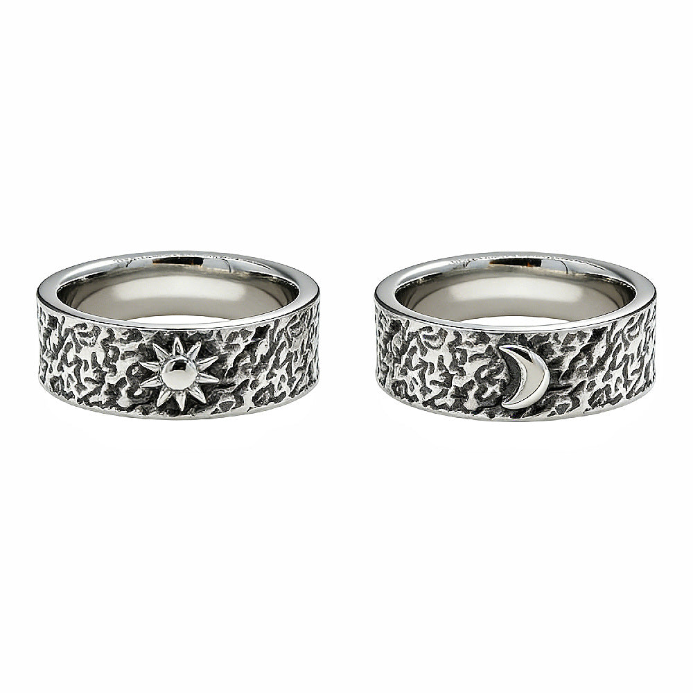 Planderful Sun Moon Titanium Ring Unisex Retro Front Back Design Durable Statement Band Sizes 7 8 9 10 11 12