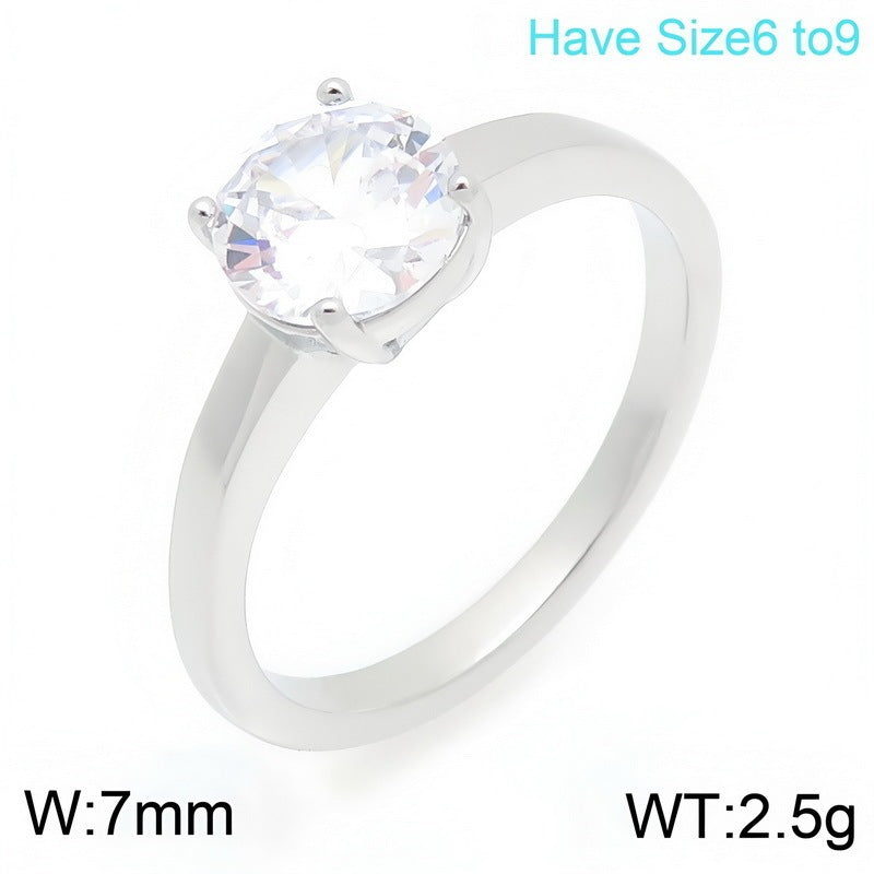 Stainless Steel Marriage Proposal Zircon Ring Four-Claw Inlaid Round Zircon Square