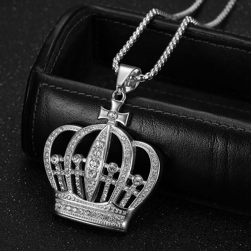 Planderful Crown Pendant Necklace Titanium Steel Gold Plated Zircon For Hip Hop Fans