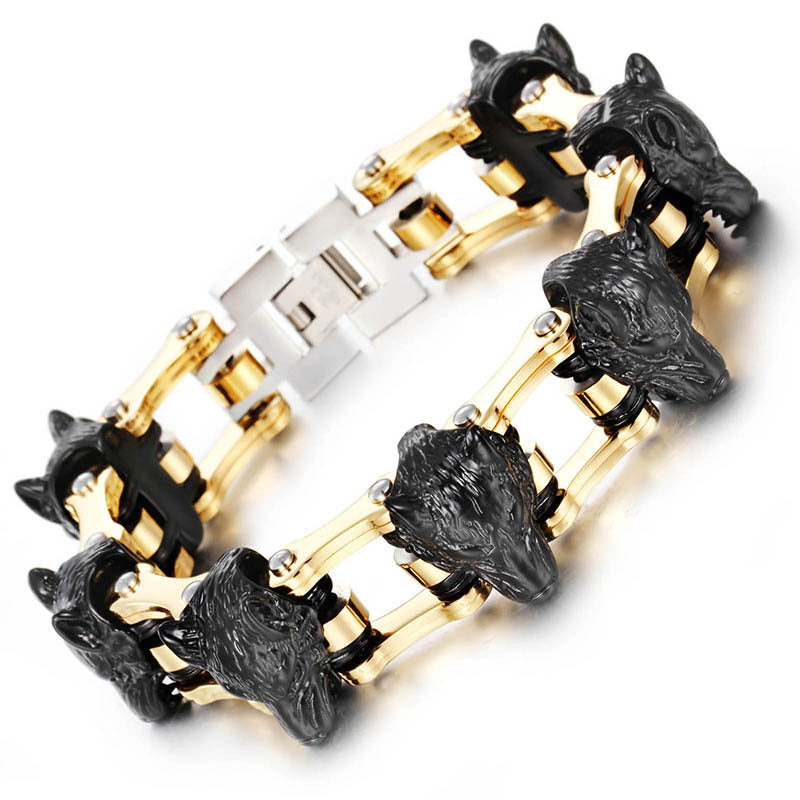 Titanium Steel Wolf Head and Lion Head Bracelets for Men, Exaggerated Bicycle Chain Design in Stainless Steel