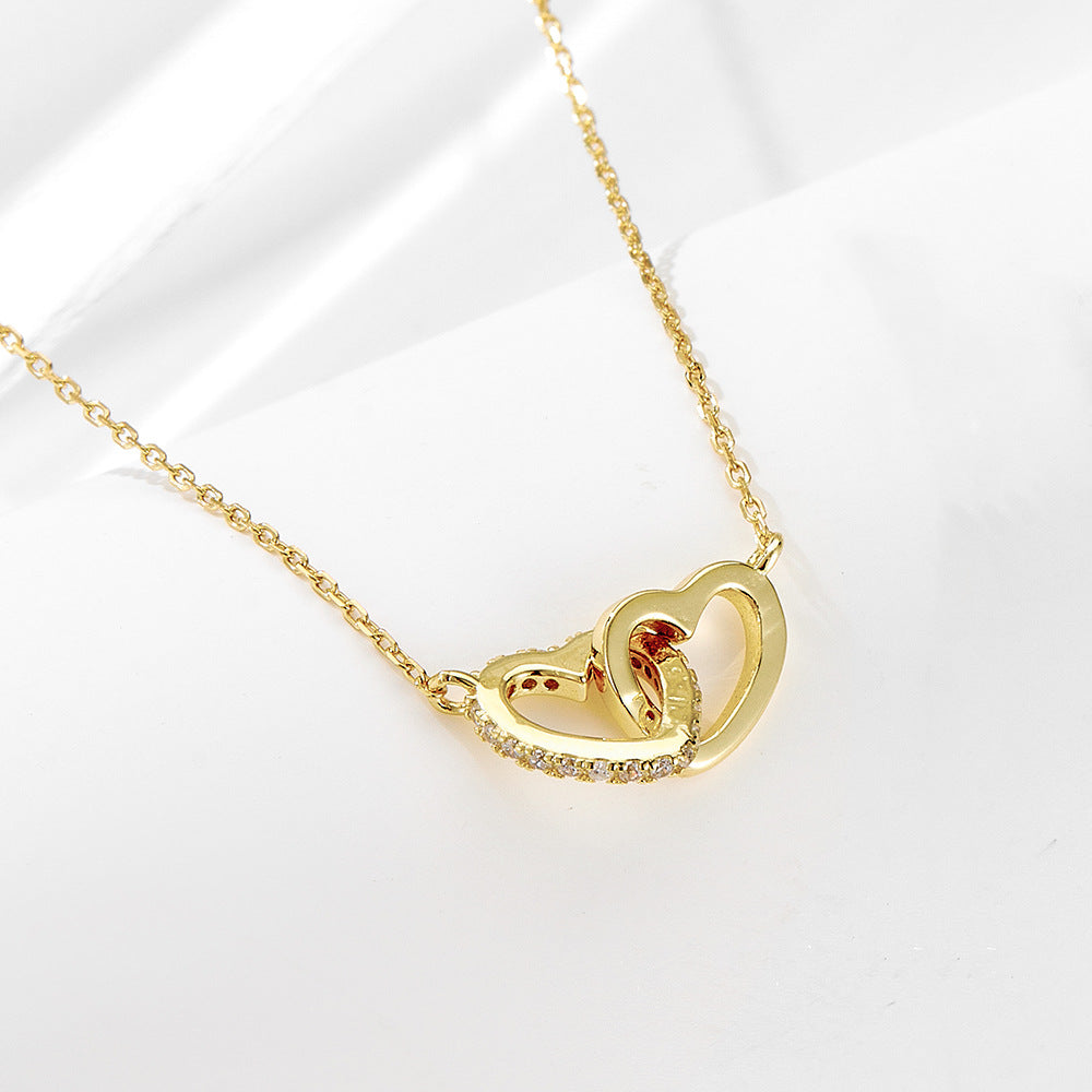 S925 Sterling Silver Zircon Love Interlocking Necklace Heart-Shaped