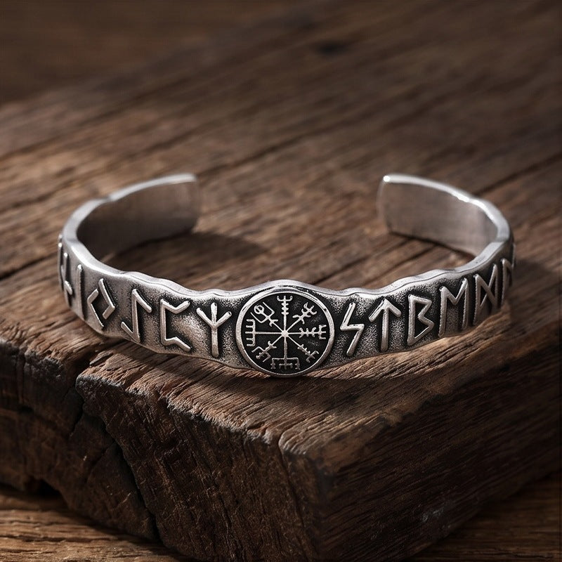 Nordic Viking Warrior Luhn Rune C-Type Bracelet Wolf Head Stainless Steel Men's Open