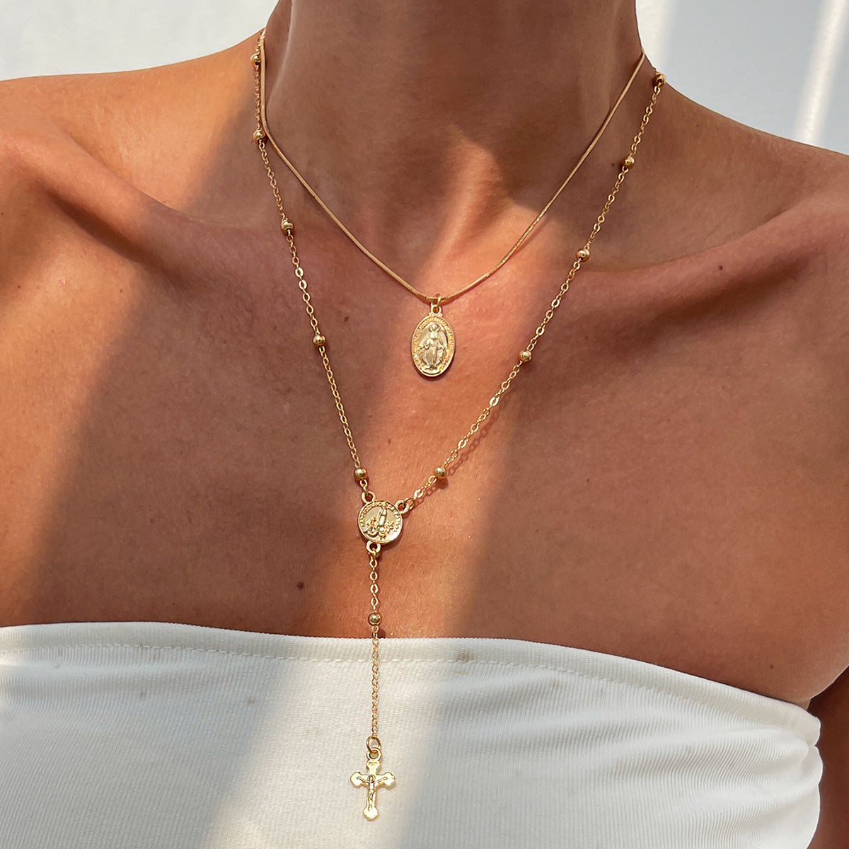 Wind Stacked Cross Fringed Necklace Round Bead Snake Bone Chain Multi-Layer