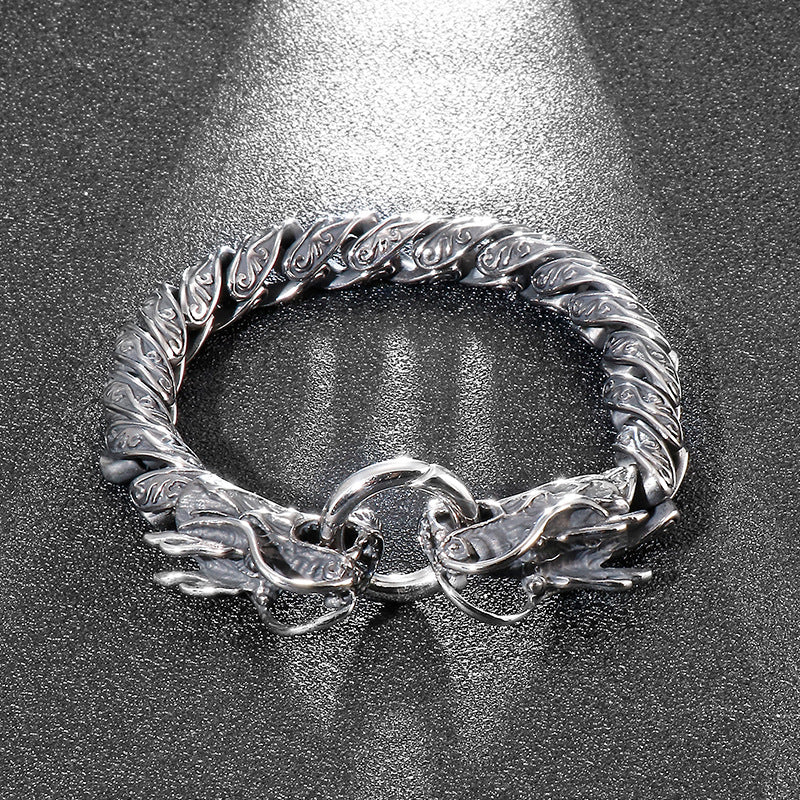 Old Double Dragon Head Men's Titanium Steel Bracelet