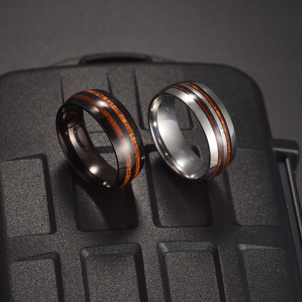 304 Stainless Steel Acacia Wood Inlaid Double Slot Ring for Men