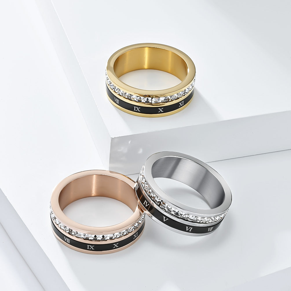 Light Luxury Full Square Zircon Roman Numerals Titanium Steel Ring