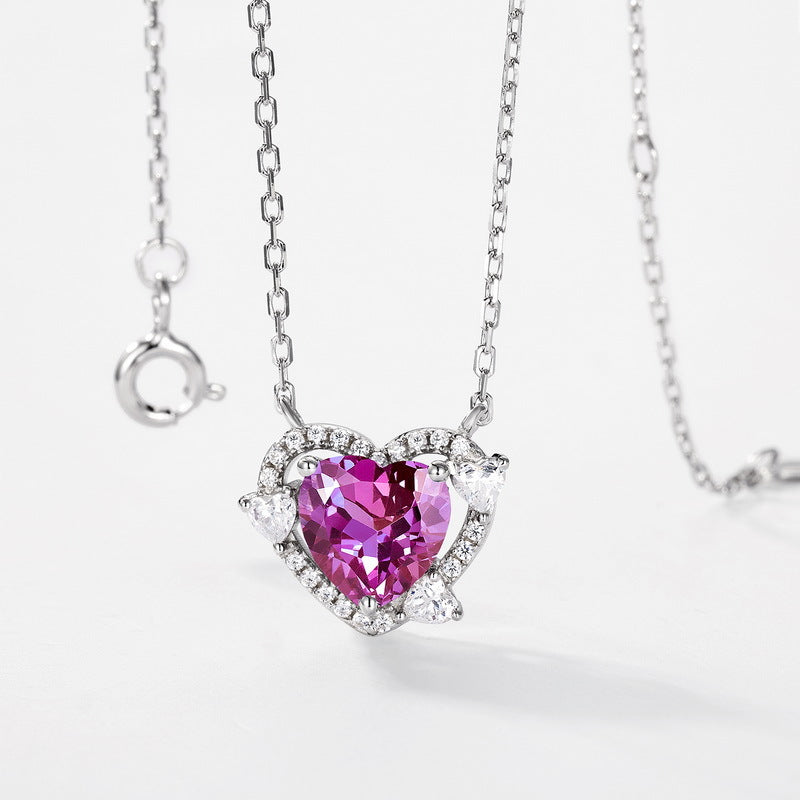 Planderful Jewelry S925 Sterling Silver Alexandrite Necklace In Heart Design With Collarbone Chain