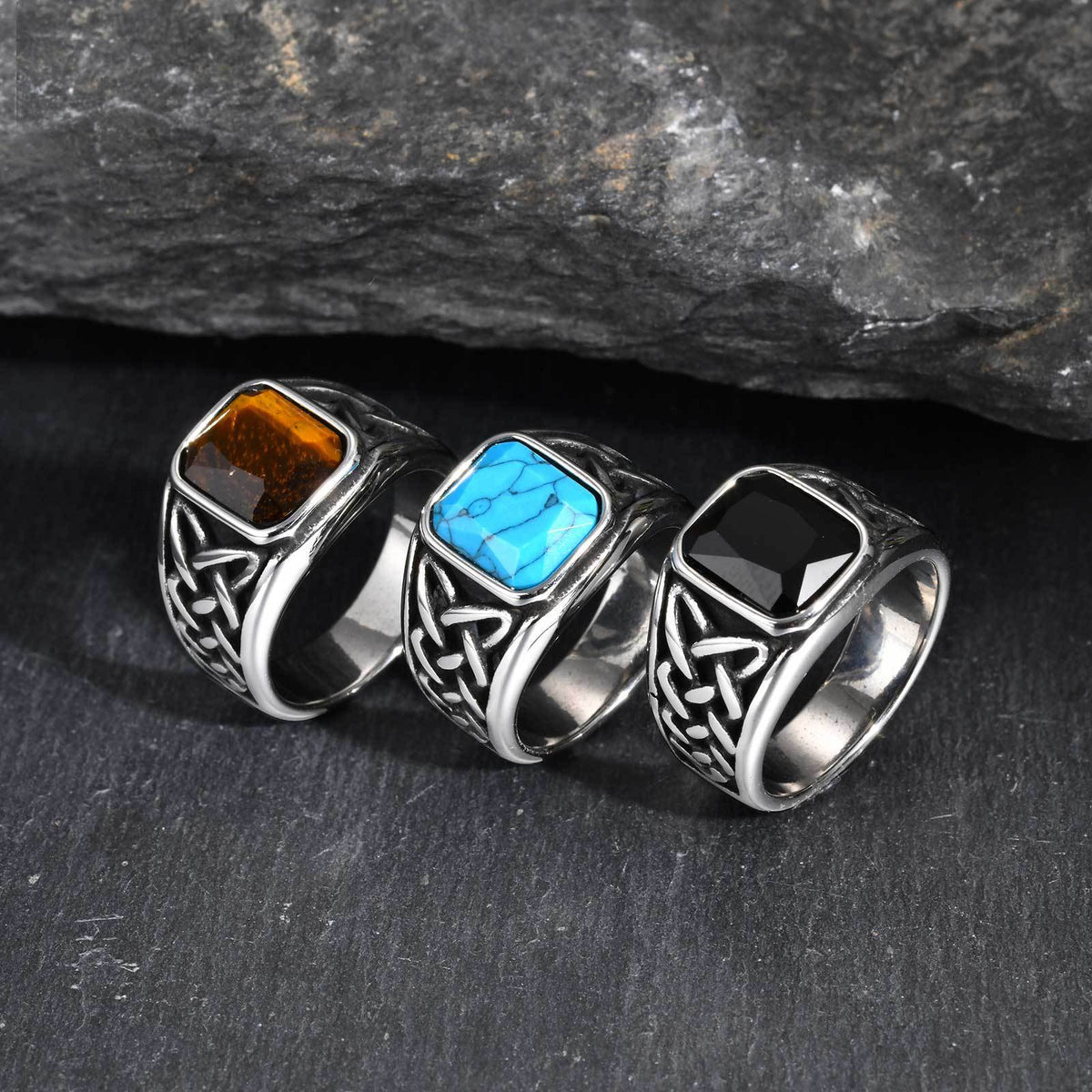 Stainless Steel Men's Finger Wrench Square Turquoise Natural Tiger's Eye Celtic Knot Ring