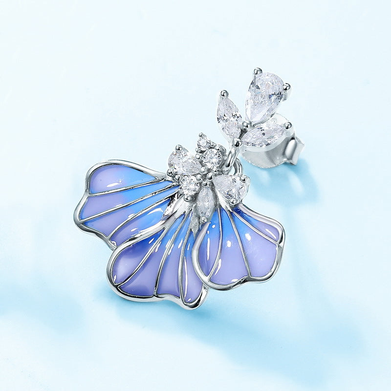 Enamel Blue Iris Flower Pendant Zircon Sterling Silver Drop Earrings