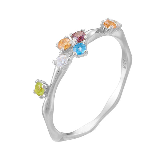 Rainbow Zircon Wavy Slim Sterling Silver Ring