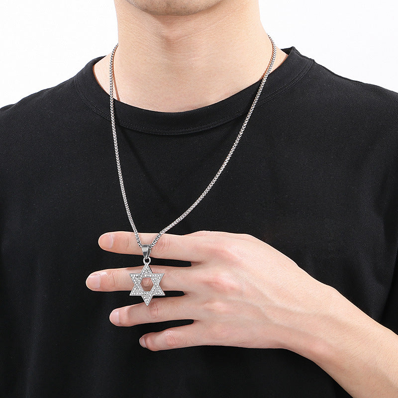 Dance Sweater Chain Pendant, Street Studded With Diamond Hexagram Stainless Steel Men's Pendant Necklace